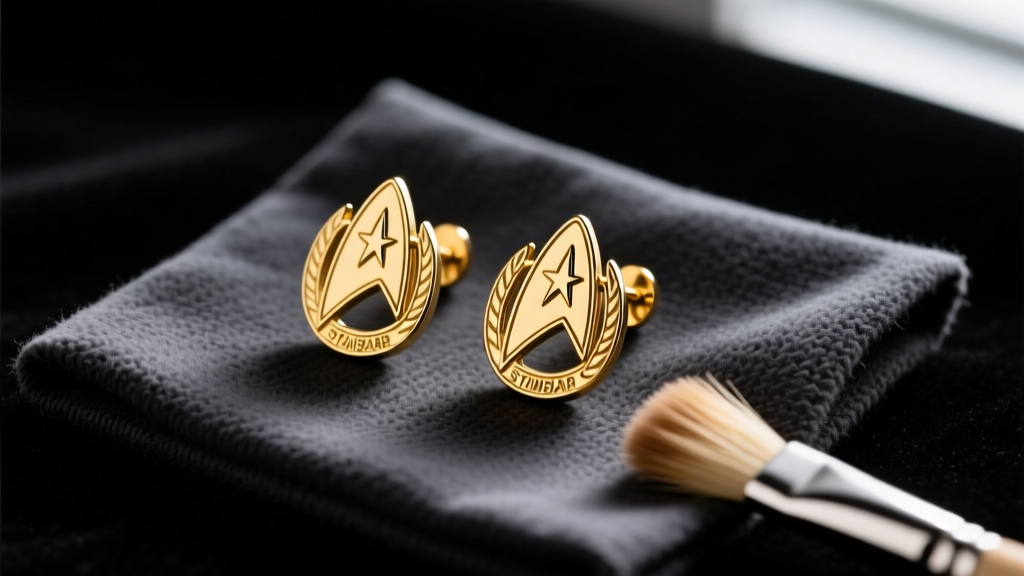 Close-up of gold-toned Starfleet combadge stud earrings resting on a dark microfiber cloth with a soft polishing brush nearby.