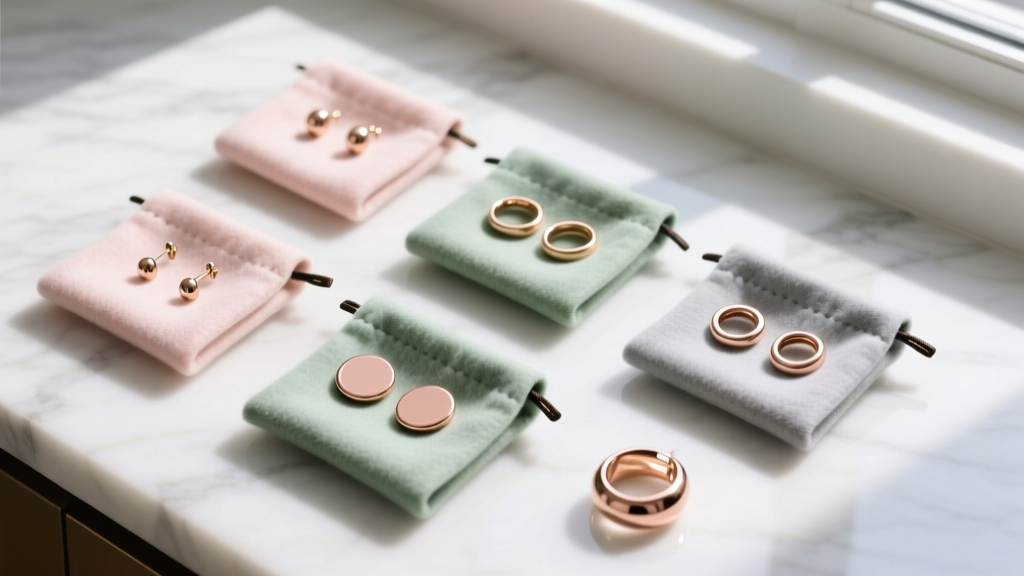 Overhead view of individual anti-tarnish flannel pouches storing various sizes of polished rose gold circle earring hoops.