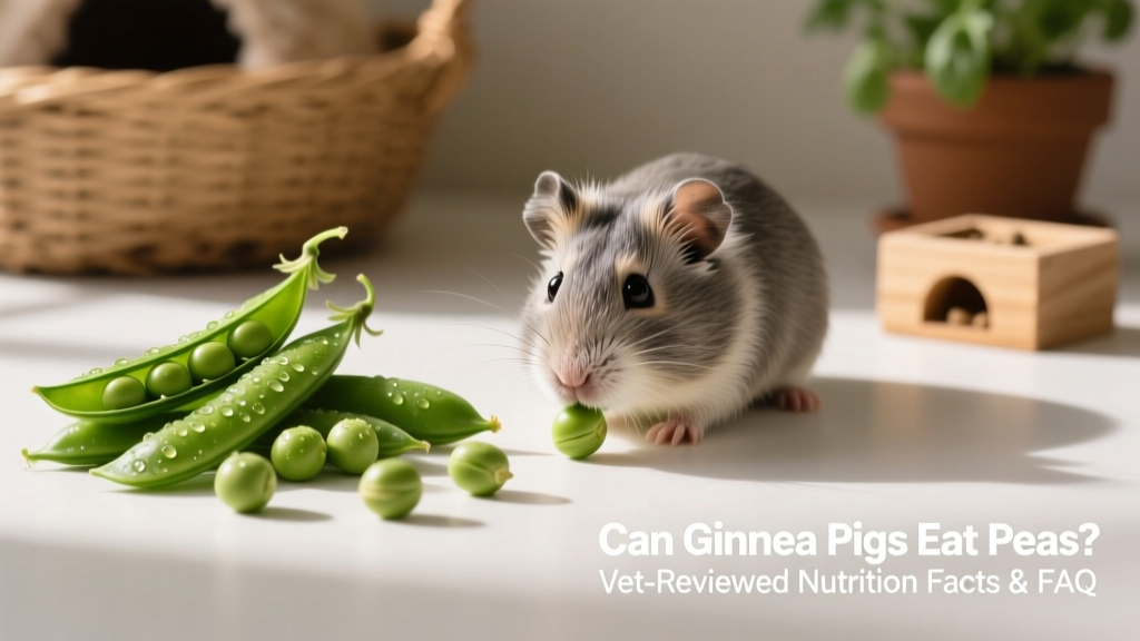 Fresh green peas and sugar snap peas arranged on a clean surface beside a small guinea pig