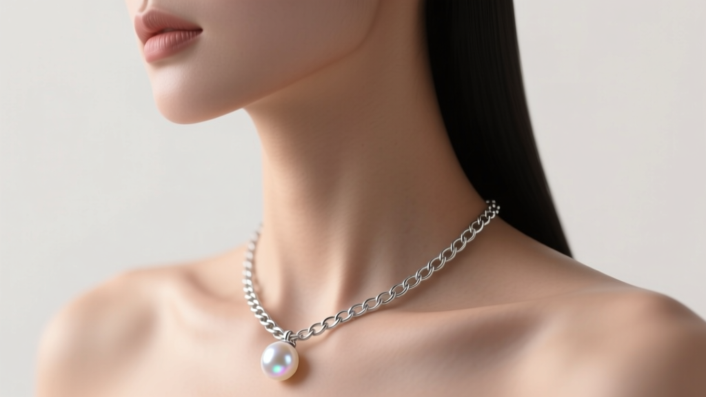 Side profile of a woman wearing a 16-inch sterling silver box chain with a pearl pendant, showing exact collarbone placement