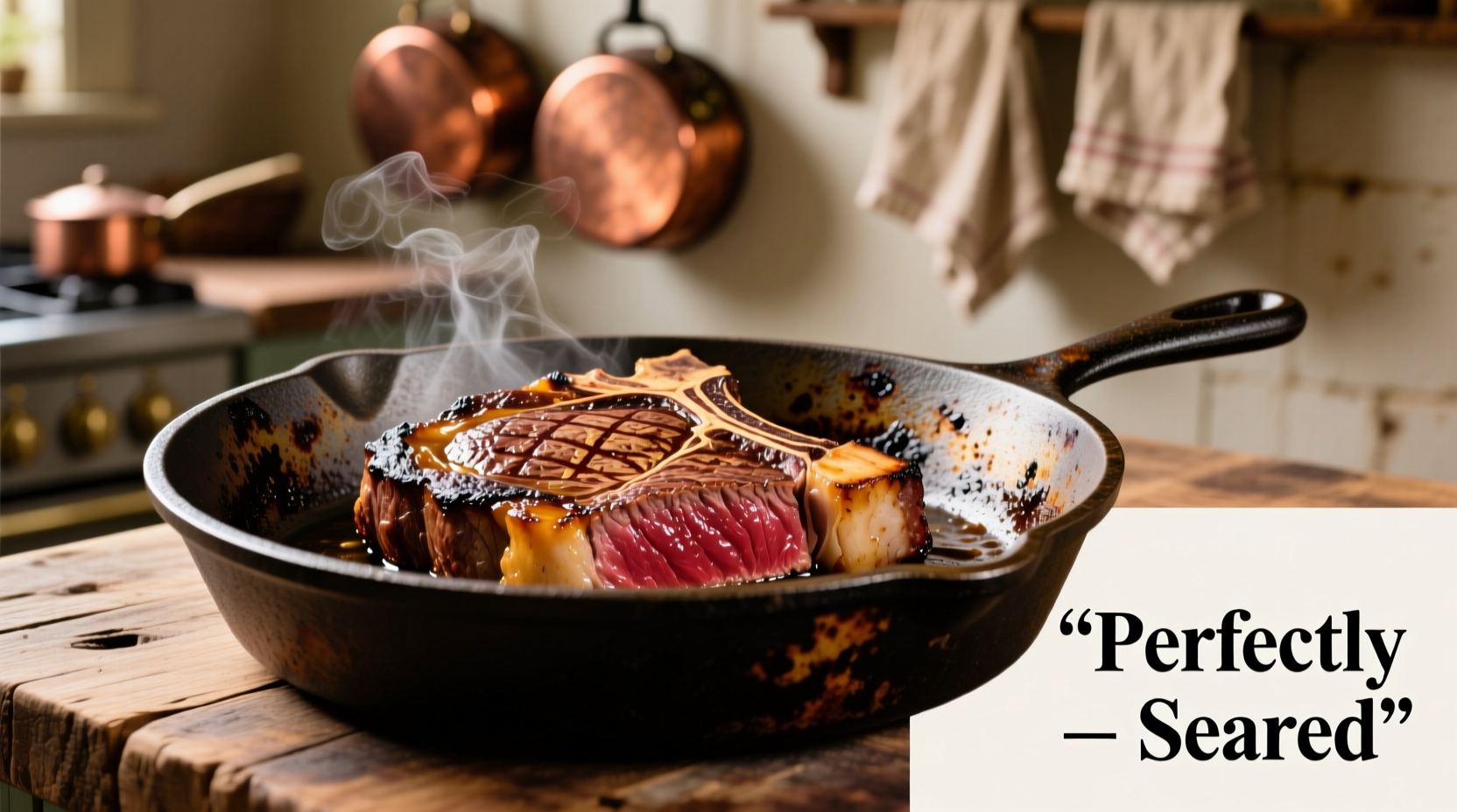 Perfectly seared rib eye steak in cast iron skillet