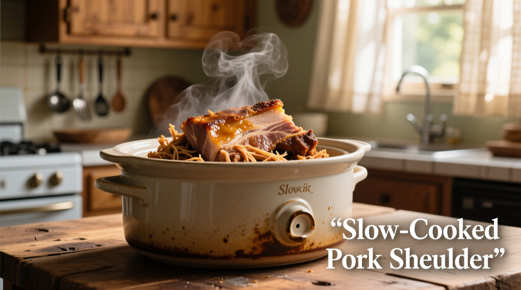 Slow cooker filled with shredded pork shoulder