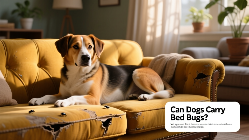 Dog lying on a sofa with visible crevices in upholstery—highlighting potential bed bug hiding spots