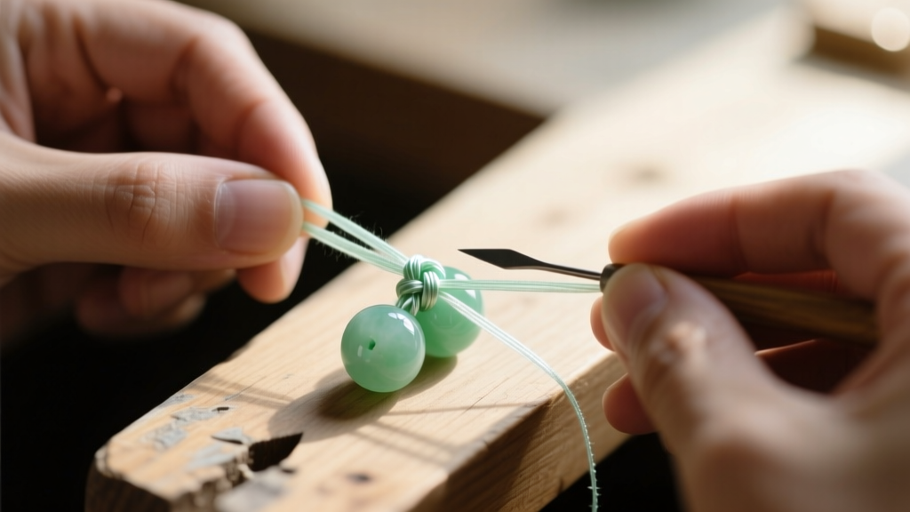 Hands using a beading awl and silk thread to tie a knot between two 10mm light green jade beads on a wooden workbench.