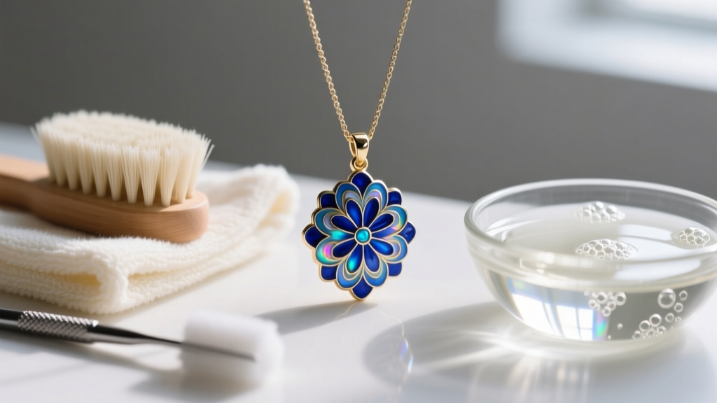 Close-up of jewelry cleaning tools including a soft brush, microfiber cloth, and mild soap bowl beside a colorful enamel pendant.
