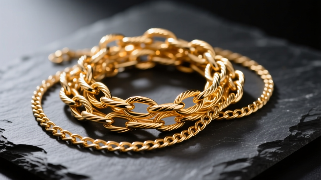 Tangled pile of delicate 14k gold cable and box chains on dark slate surface, illuminated by soft directional studio lighting