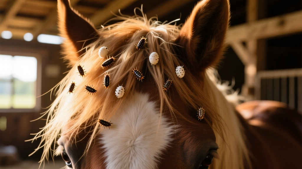 Close-up photo of a horse’s mane showing visible nits (lice eggs) attached to individual hairs