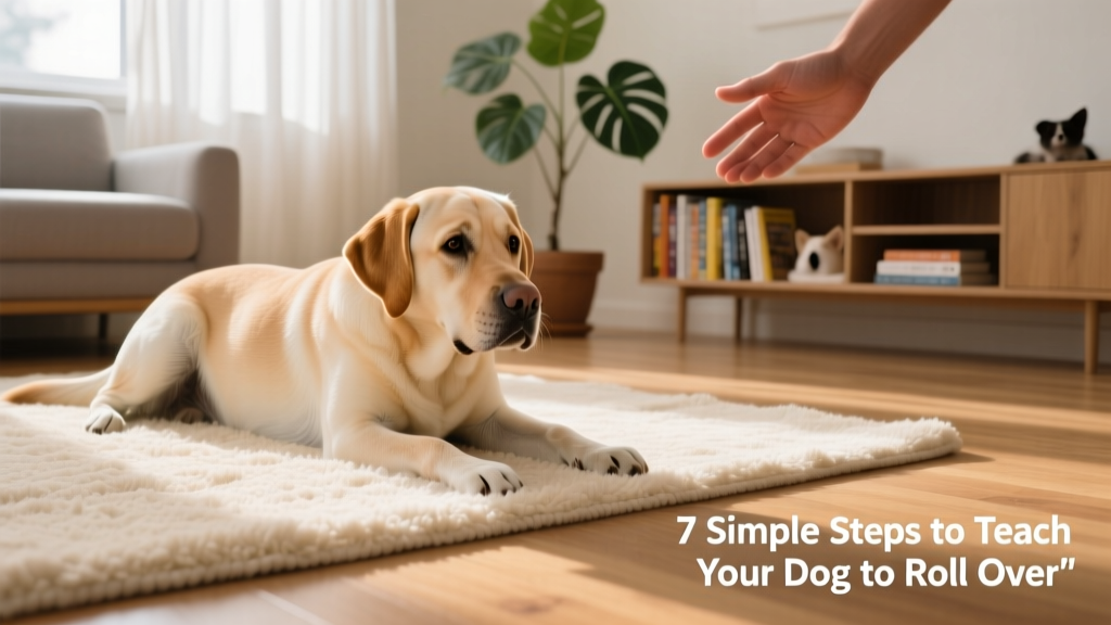 A calm, focused dog lying on a soft rug in a quiet living room, looking attentively at their handler's hand