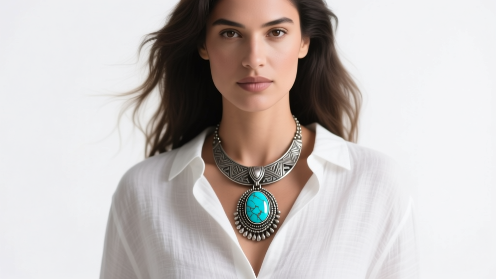 Woman wearing an oxidized silver Mexico necklace with a large turquoise cabochon pendant against a crisp white linen shirt.