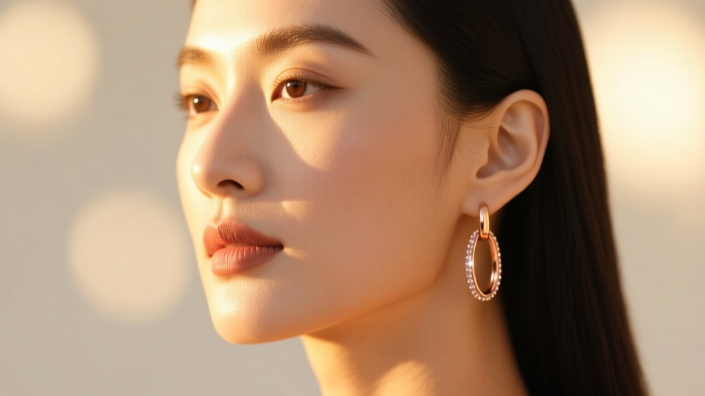 Profile of woman with sharp jawline wearing rose gold stirrup drop earrings, soft bokeh background, warm golden hour sunlight.