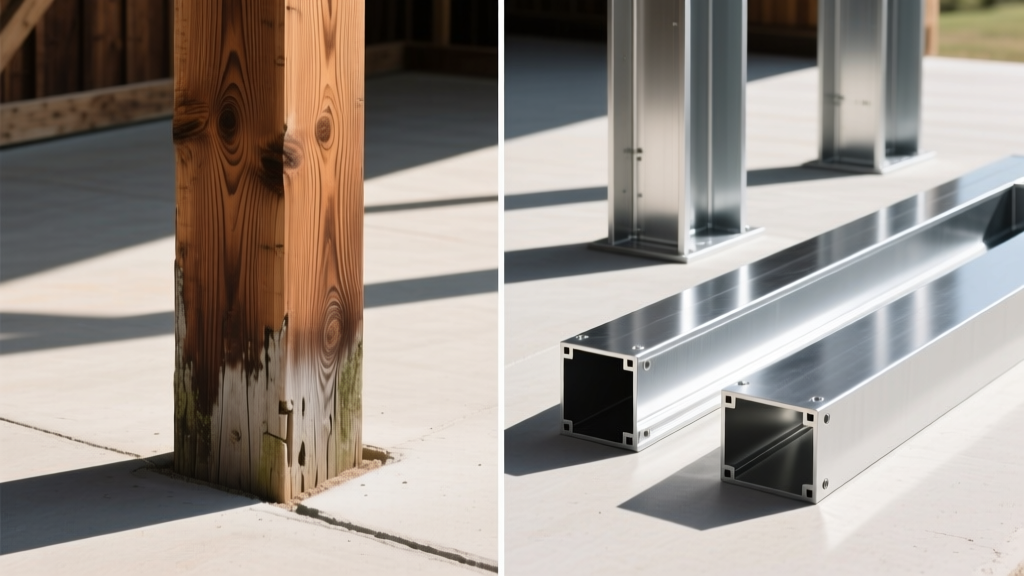 Side-by-side framing comparison of treated wooden pole barn posts and modern galvanized steel post-frame kit components on a concrete slab