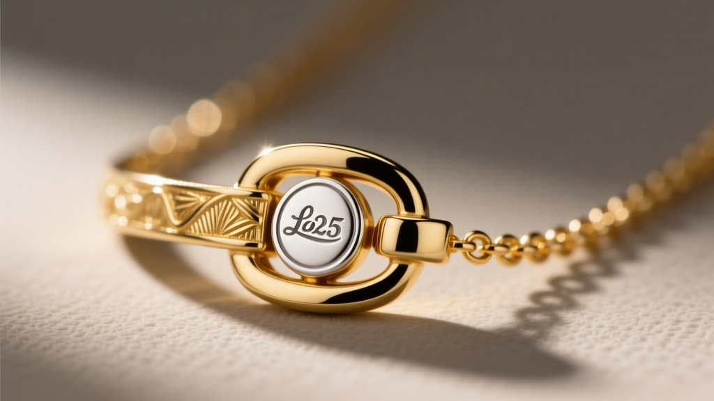 Macro shot of a gold vermeil necklace clasp with a 925 silver hallmark, sharp focus, neutral gray background, product photo.