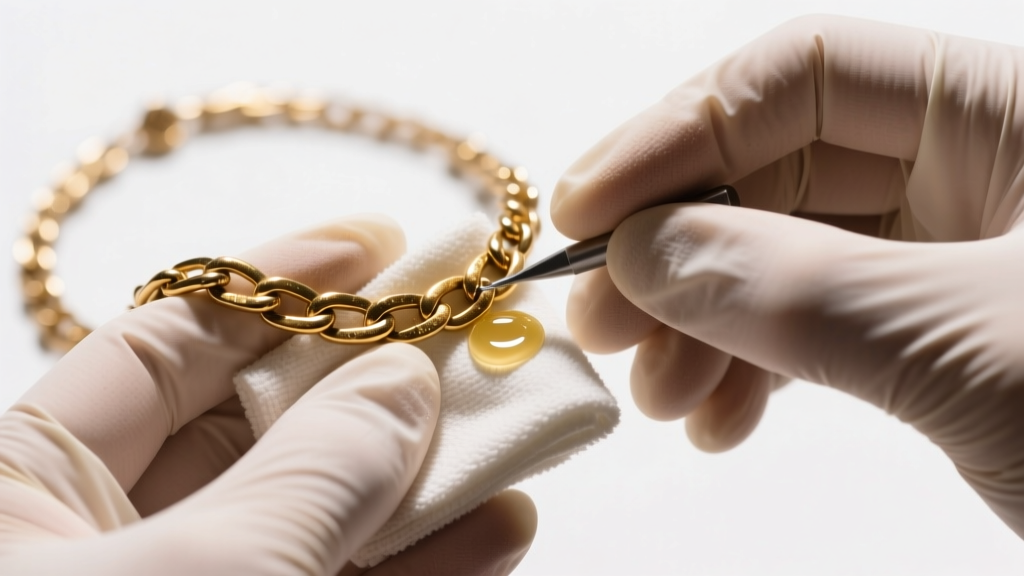 Hands in nitrile gloves polishing a tarnished brass chain necklace with a microfiber cloth and specialized liquid jewelry polish