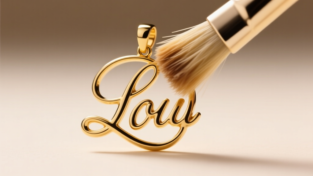 Macro shot of a cursive script gold pendant showing delicate letter loops being gently cleaned with a soft bristle brush.