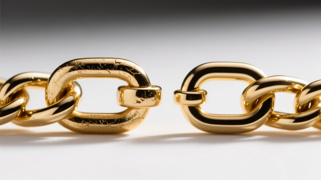 Macro shot of a 2.5-micron gold vermeil chain link showing slight wear at the clasp next to a pristine solid 14k gold chain link.