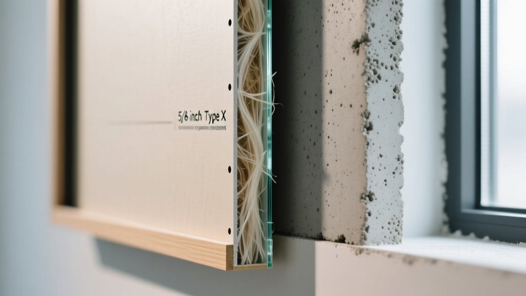 Cross-section of a framed wall showing 5/8-inch Type X gypsum board with visible glass fibers next to a cement board alternative