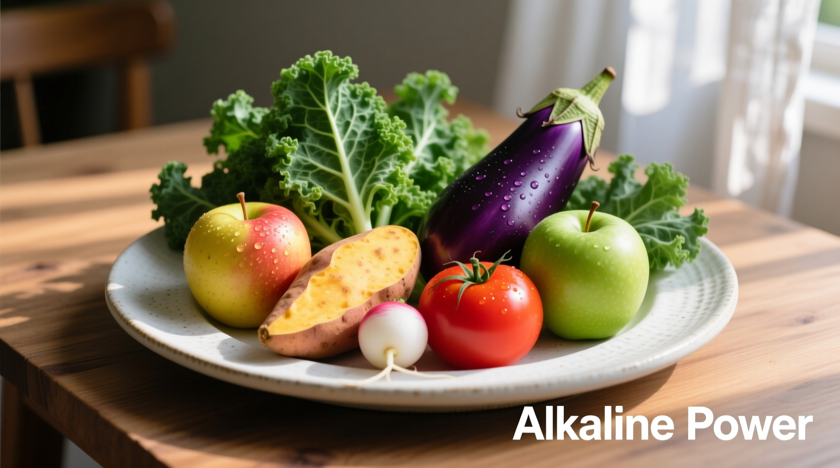Colorful plate of alkaline vegetables and fruits