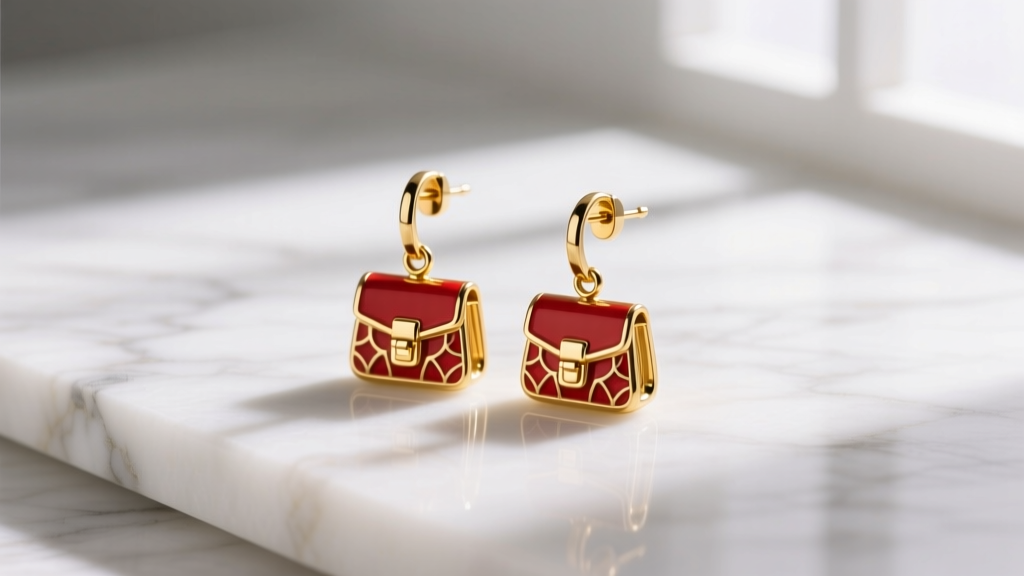 Miniature gold handbag drop earrings on white marble, soft lighting highlighting red enamel and tiny metal clasp details.