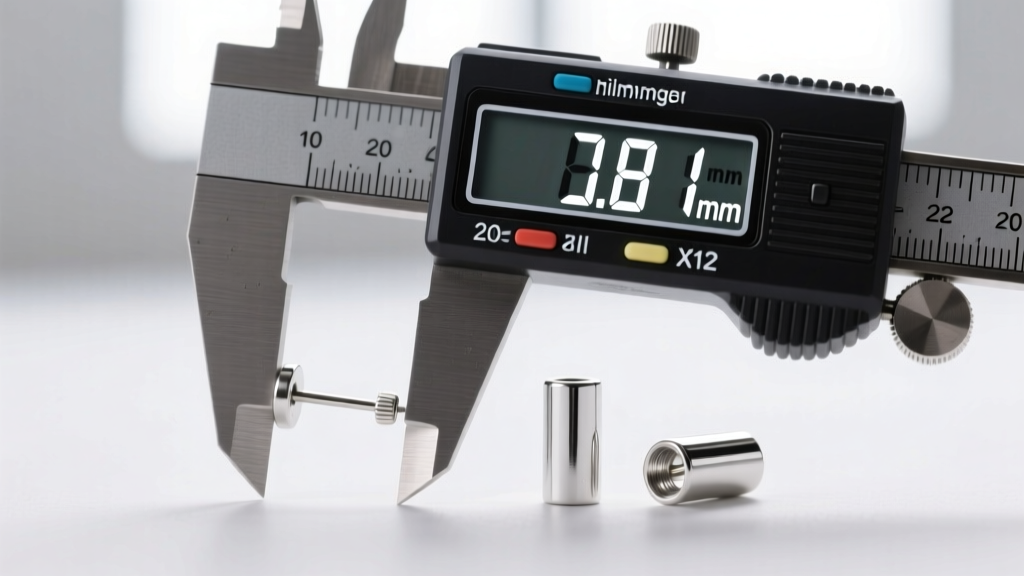 Digital caliper measuring the exact millimeter width of a standard 20-gauge silver earring post next to a thicker 18-gauge post.