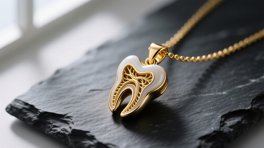 14k gold wisdom teeth necklace pendant on dark slate, showcasing intricate roots and crown anatomy in soft light