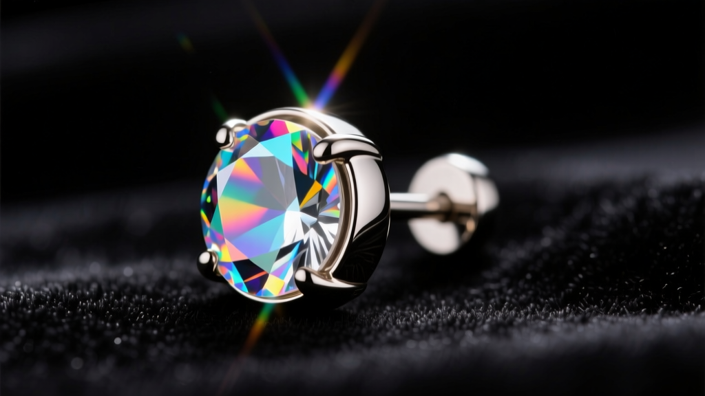 Macro of 18g titanium threadless earring with brilliant Aurora Borealis crystal catching prismatic studio light on dark velvet