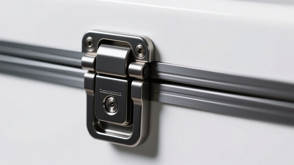 Close-up of an anodized aluminum toolbox latch and piano hinge, showing heavy-duty hardware for premium jewelry storage boxes