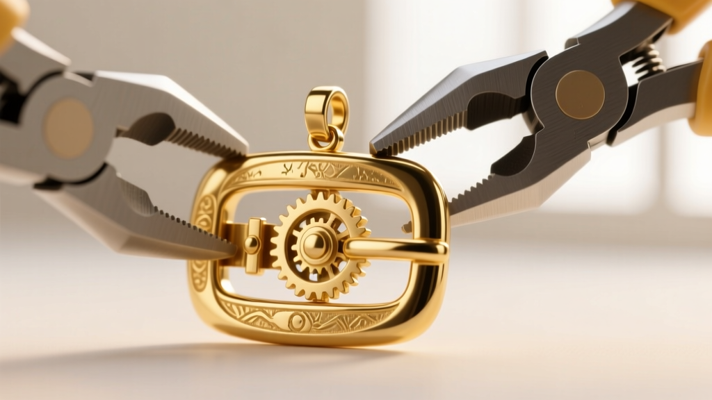 Macro shot of nylon-jaw pliers gently adjusting the bent metal prong on a miniature gold belt buckle pendant clasp mechanism.