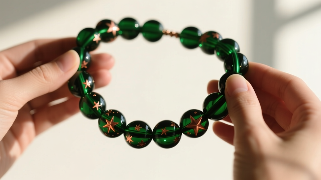 Hands clasping an avventurina Murano glass bead necklace, highlighting bright copper flecks sparkling inside the dark green glass