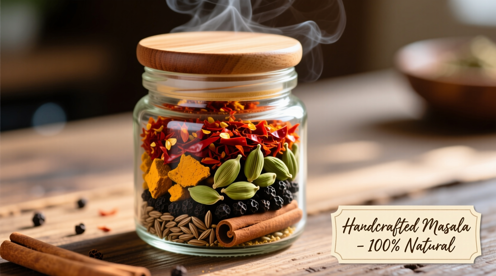 Homemade masala spice blend in glass jar with whole spices