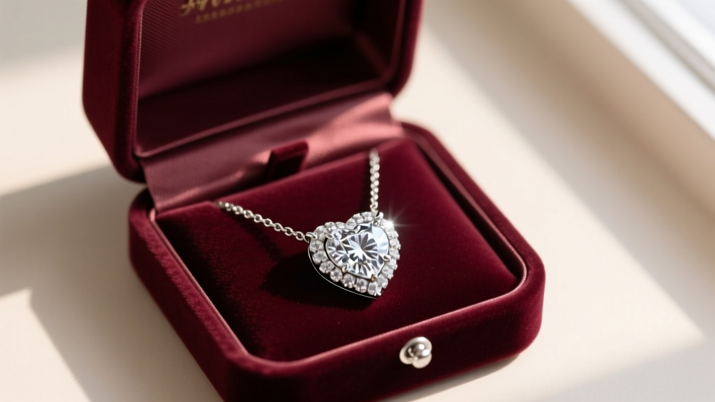 Pave diamond heart necklace stored in a velvet-lined box compartment, with the clasp fastened to prevent delicate chain tangles.