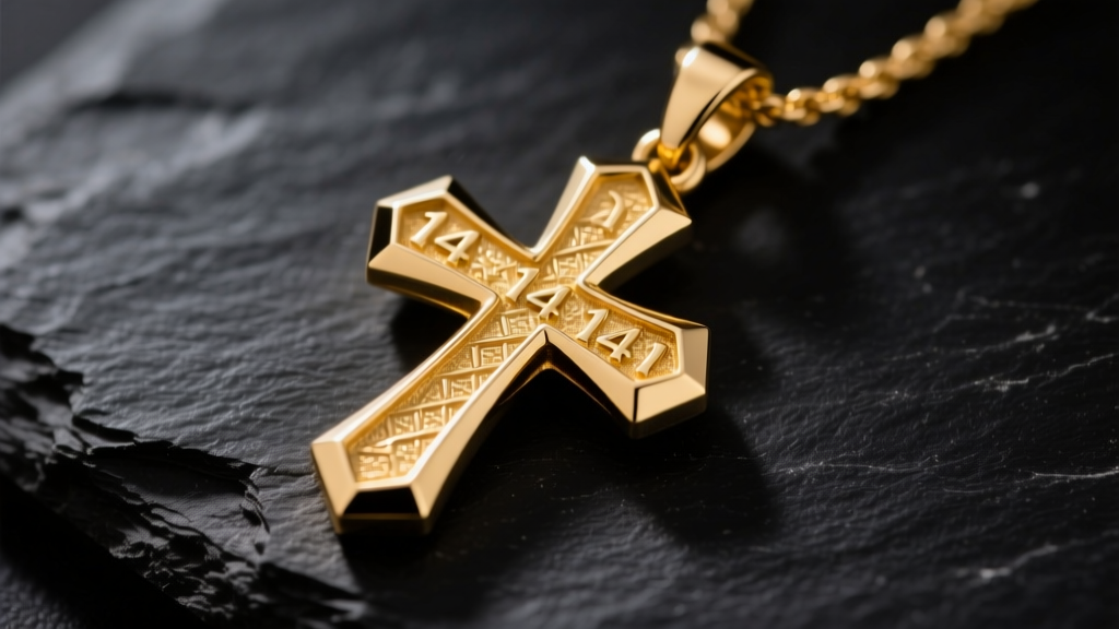 Macro shot of a 14k yellow gold die-struck cross pendant on dark slate, highlighting sharp beveled edges under studio lighting.