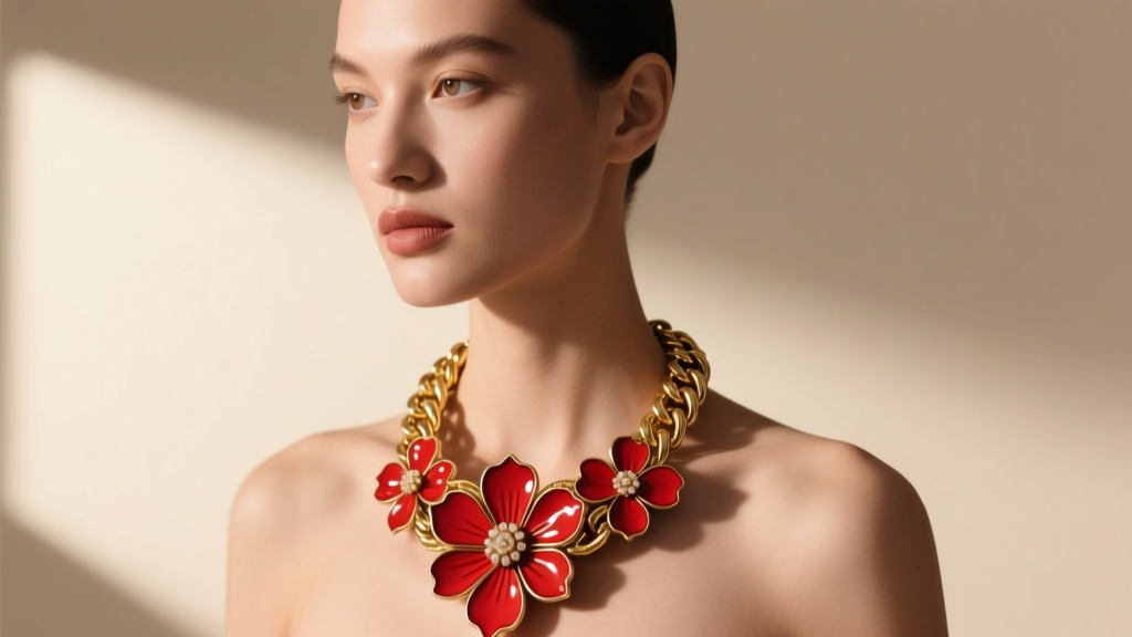 Model wearing a large flower necklace featuring vibrant red enamel petals and a thick gold chain against a soft neutral backdrop.
