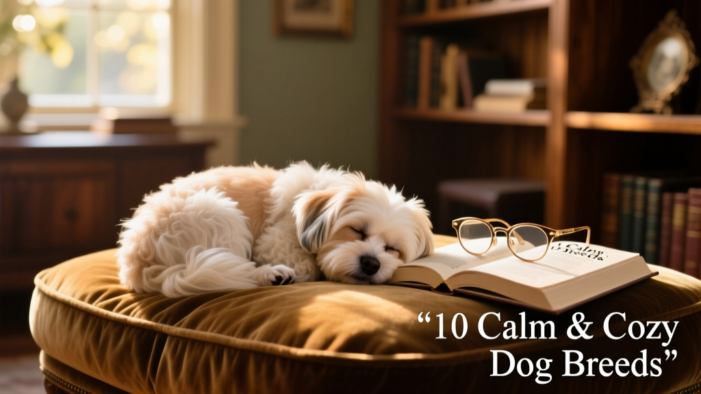 Maltese curled up asleep on a plush cushion next to a pair of reading glasses and a book