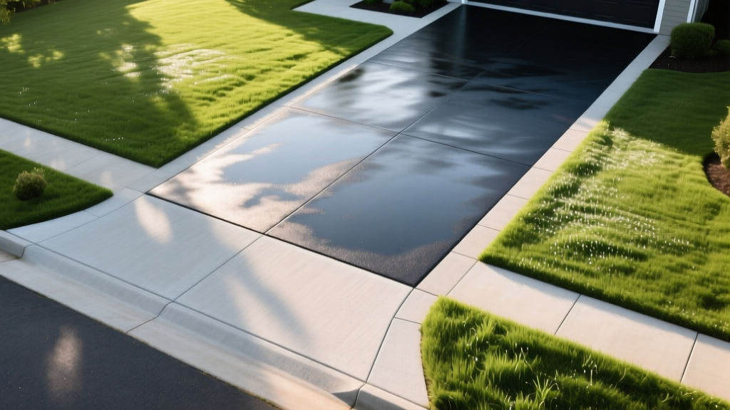 Top-down view of a freshly paved asphalt driveway contrasting with a poured concrete border, set against a lush green suburban lawn