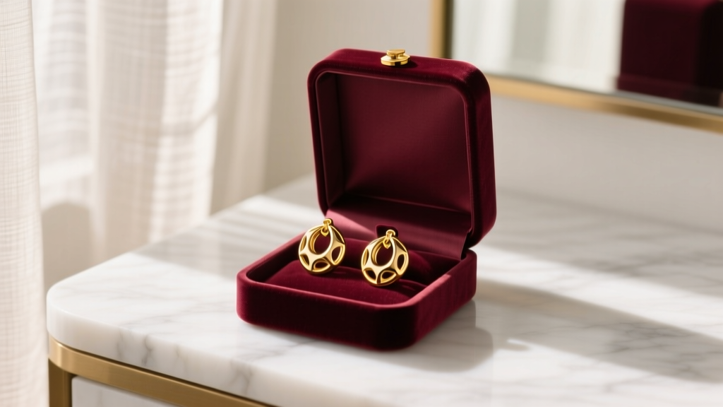 Open velvet gift box on marble vanity revealing 18k yellow gold hollow bubble drop earrings catching soft morning window light