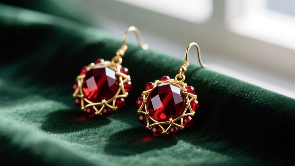 Close-up of christmas beaded earrings with deep red Czech glass beads and gold wire resting on dark green velvet fabric