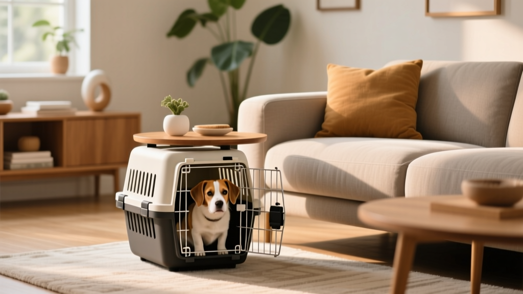 Modern living room with a stylish dog crate used as a side table beside a sofa