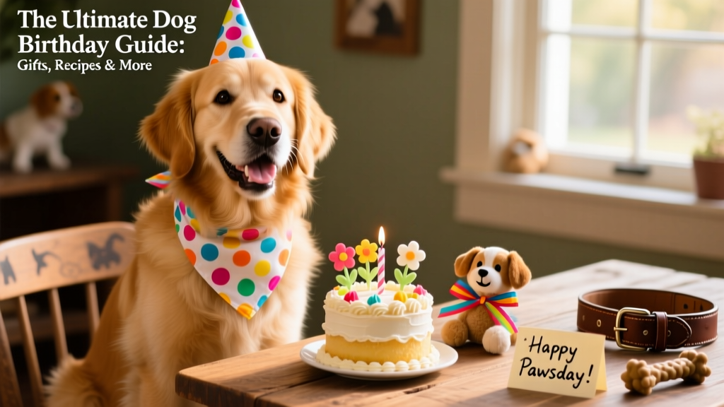 A happy dog wearing a colorful birthday bandana, sitting beside a small decorated cake and wrapped toy