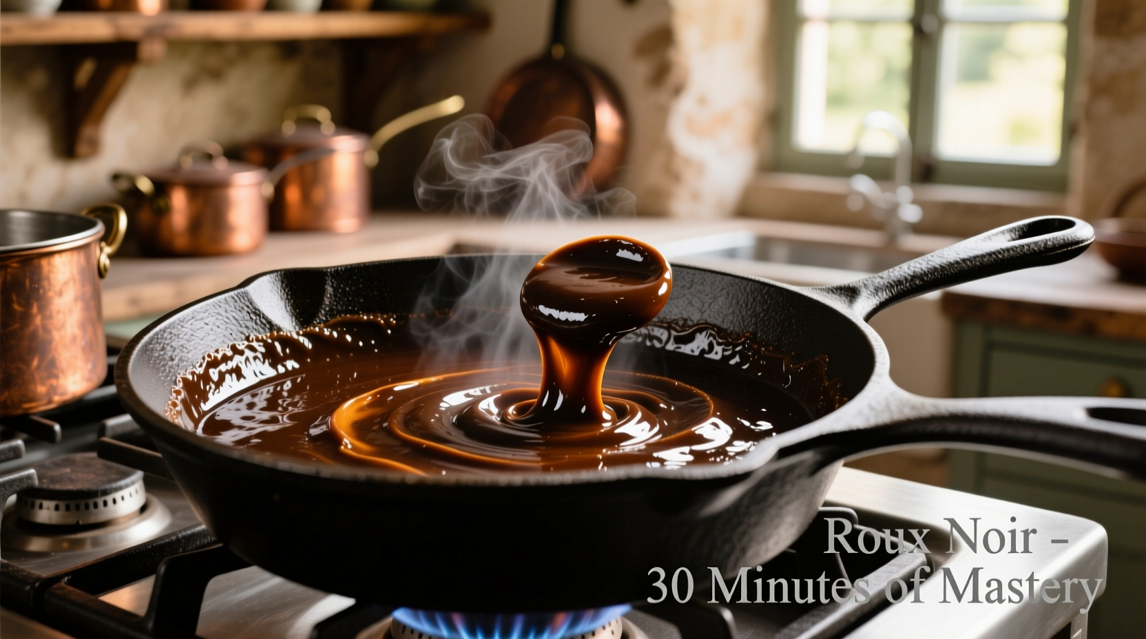 Dark roux preparation in cast iron skillet