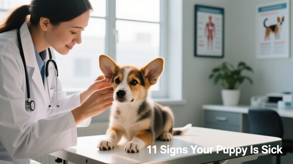 Veterinarian gently examining a puppy’s eyes and ears during a wellness check