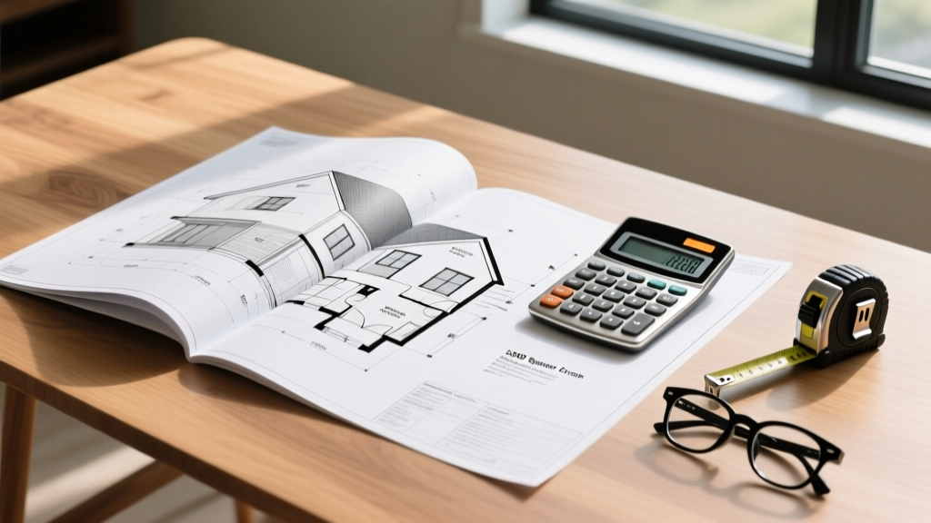 Architectural blueprints for a 2000 square foot three bedroom house spread across a wooden table next to a calculator and measuring tape