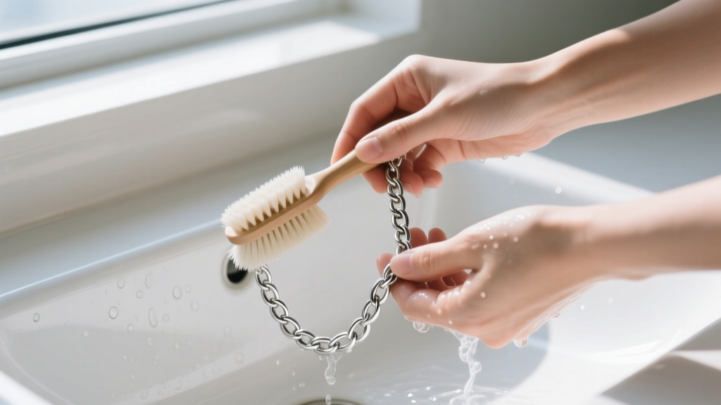 Hands washing a delicate sterling silver cable chain with a soft brush over a white ceramic sink under bright natural daylight.
