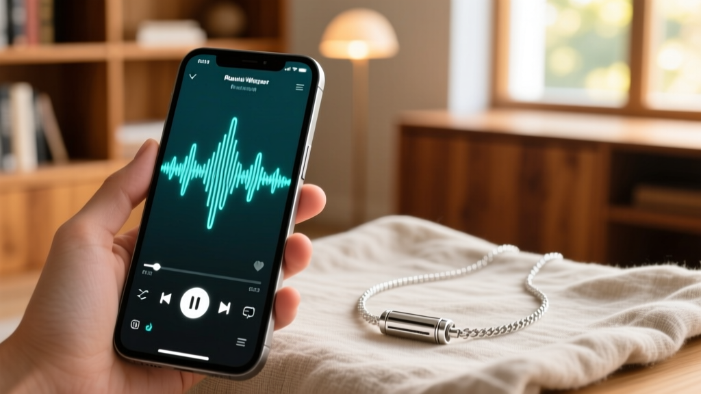 Smartphone scanning a soundwave engraved silver recording necklace, showing a digital audio playback interface in a cozy setting.