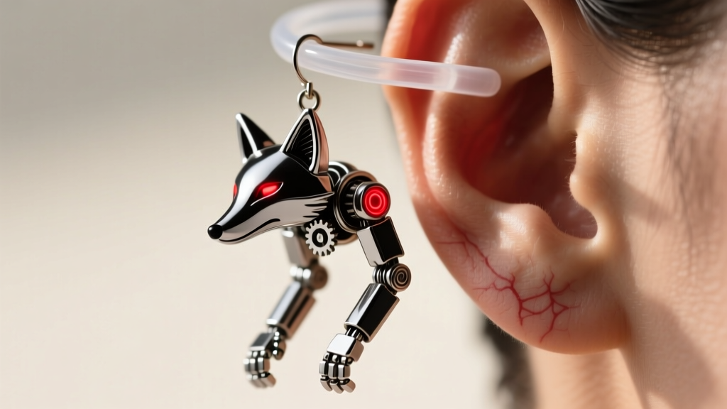 Macro shot of a heavy metal robot-fox dangle earring being supported by a clear silicone O-ring backing on a stretched earlobe.
