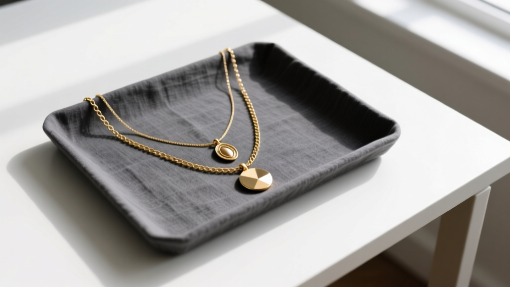 Overhead flat-lay of a matte charcoal linen necklace tray displaying three layered gold pendant chains against a clean white desk