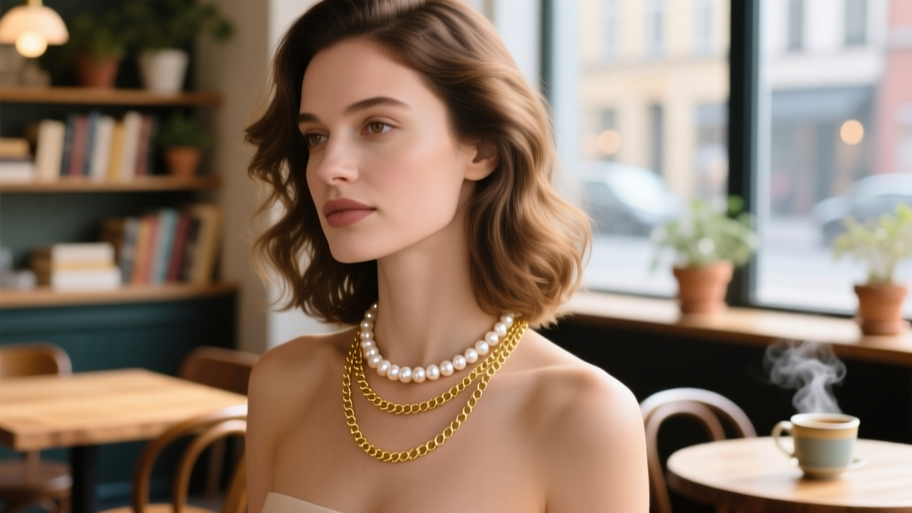 Woman wearing a 16-inch micro pearl choker layered with an 18-inch gold satellite chain against a softly blurred cafe background.