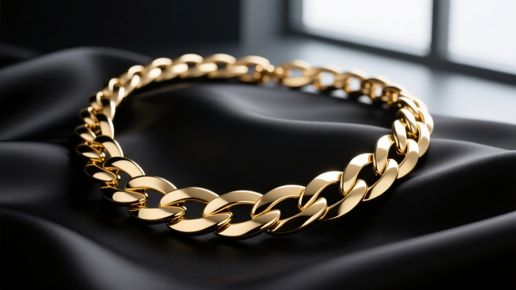 18k gold herringbone necklace draped on dark silk, showing its liquid-like reflective surface and flat interlocking links under soft light.