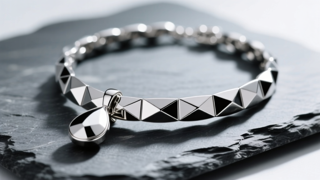 Close-up of a sterling silver Bottega drop necklace on slate, showing geometric facets and high-polish finish under soft lighting.