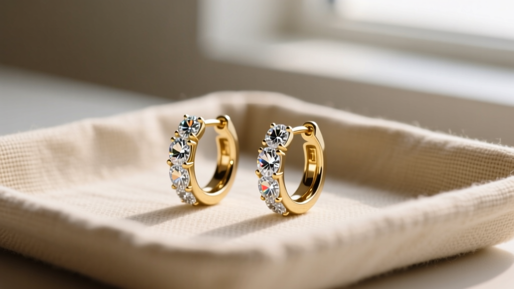 Close-up of gold-plated silver huggie earrings with moissanite stones resting on a beige linen tray in soft natural daylight.