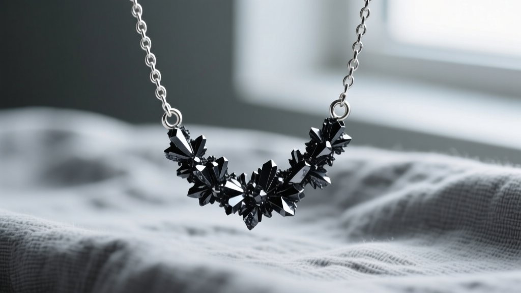 Macro shot of black silver sulfide tarnish on a sterling chain resting on a worn, gray anti-tarnish cloth fabric background.